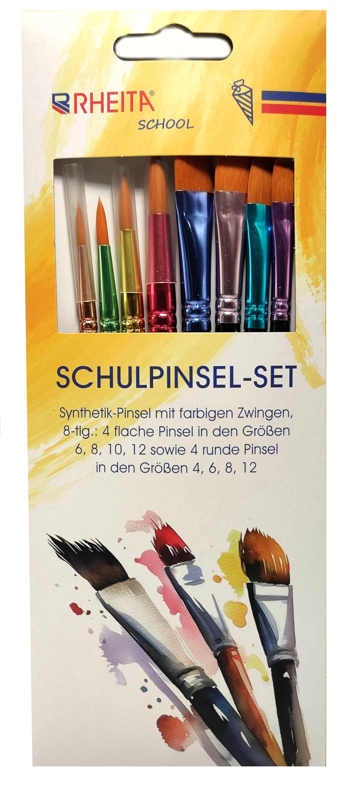 Lot de 8 pinceaux scolaires - Pinceaux synthétiques avec viroles colorées dans une boîte en carton
