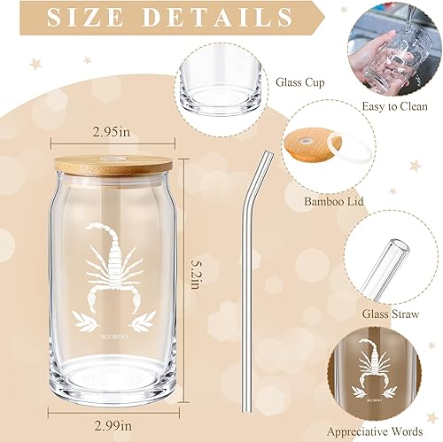 Miniatura 8 de Sliner Juego de 2 signos del zodiaco celestial de 16 onzas, regalo de cumpleaños para mujeres, vaso de vidrio con tapas, pajitas, horóscopo, letrero