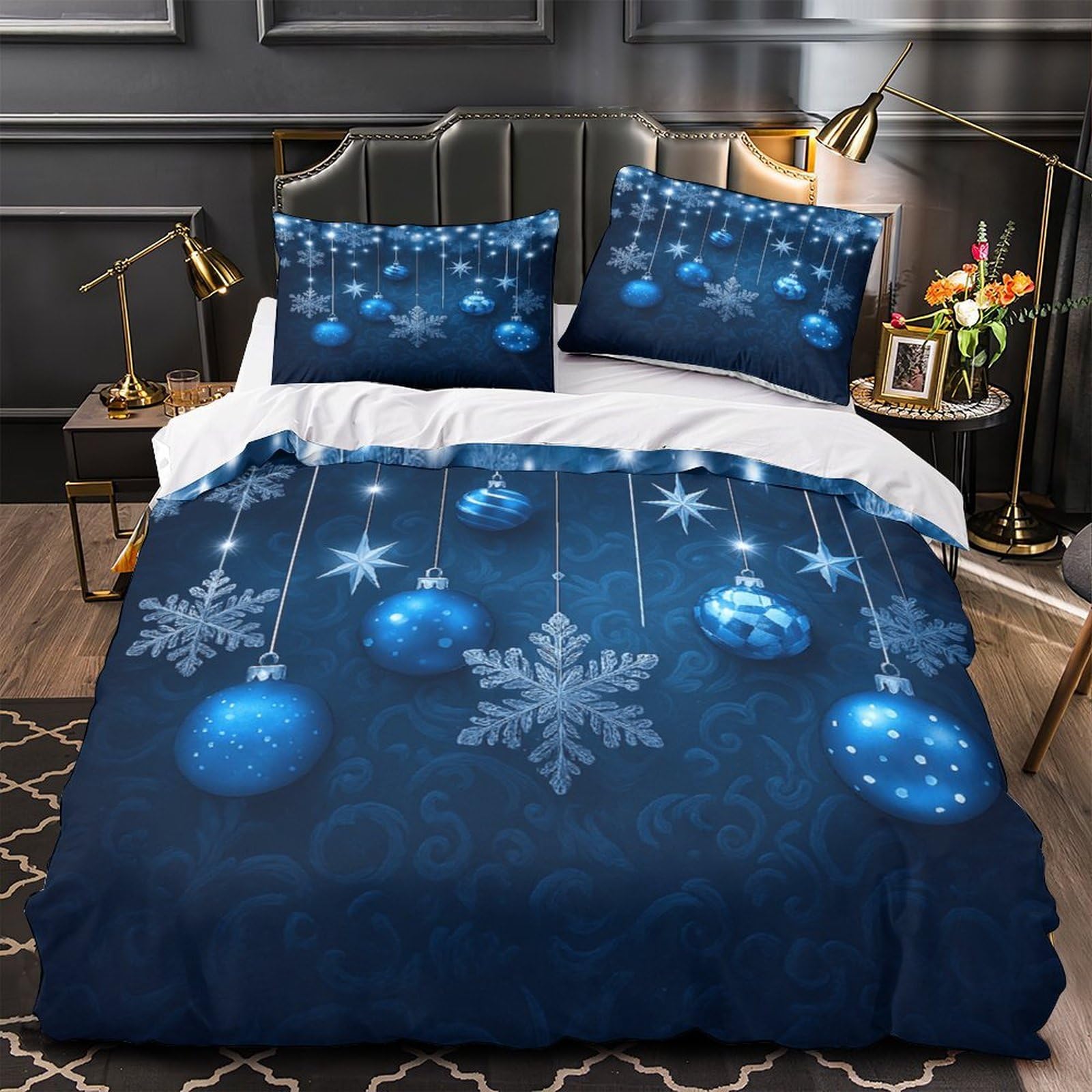 Housse de couette Noël bleue 200x200 microfibre avec 2 taies d'oreiller