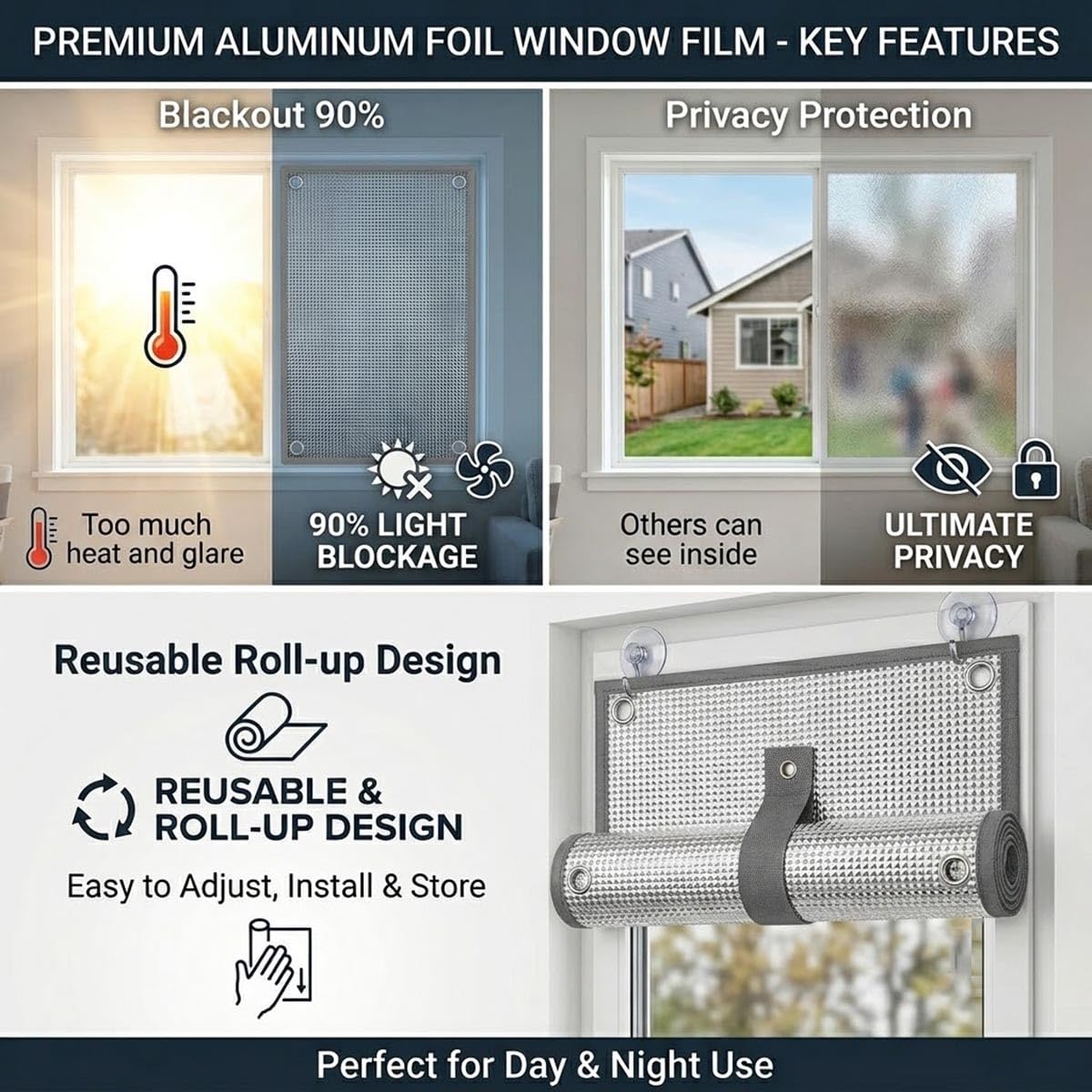 Sonnenschutz Fenster Innen Reflektierend Verdunkelungsrollo mit Saugnäpfen 5-Lagig Thermo Aluminiumfolie Fensterfolie Hitzeschutz und Sichtschutz für Schlafzimmer Dachfenster(Grau,100x200(cm))