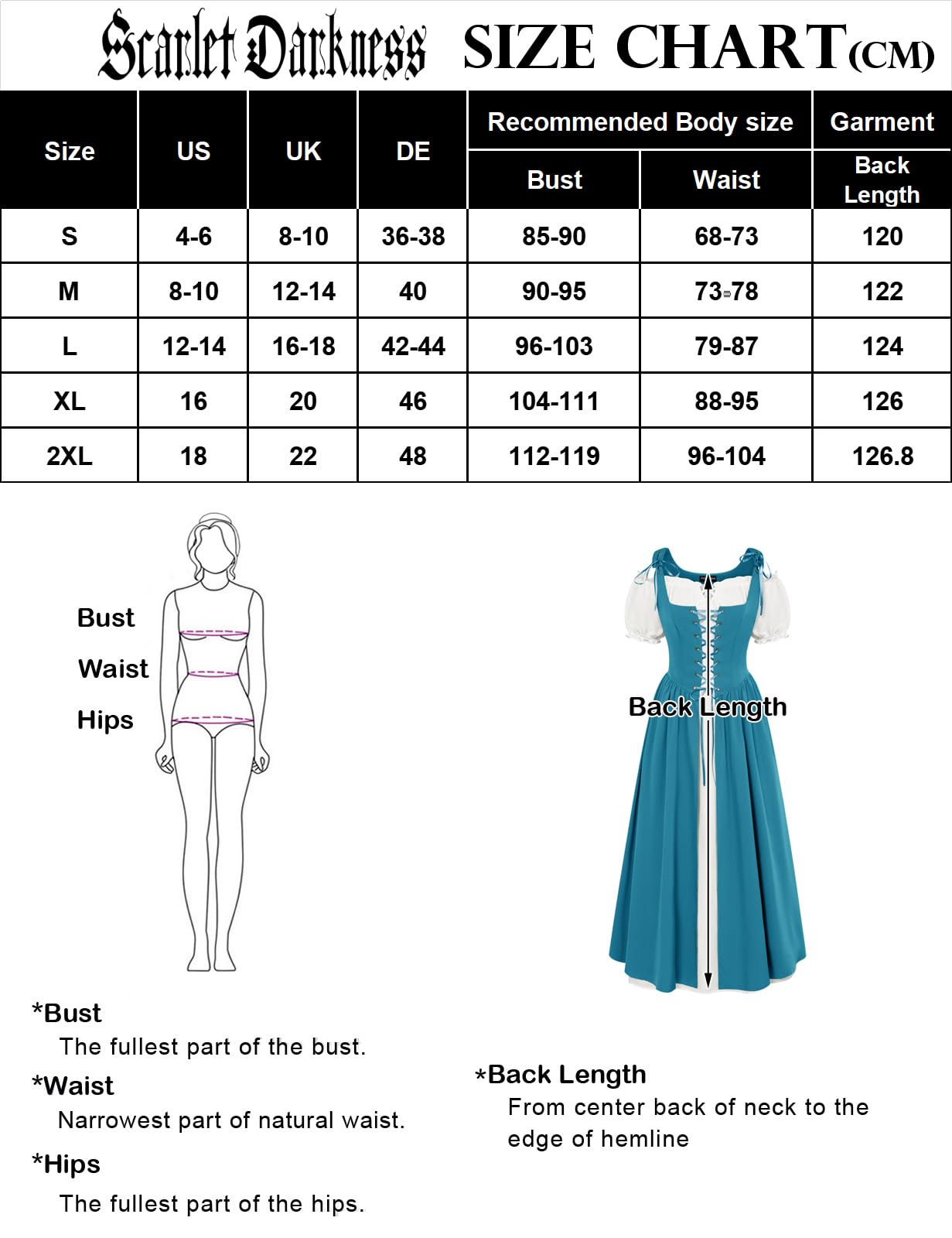 SCARLET DARKNESS Vestito Donna Estivo Medievale Due Pezzi Maniche a Palloncino Vita Cintrata Carnevale