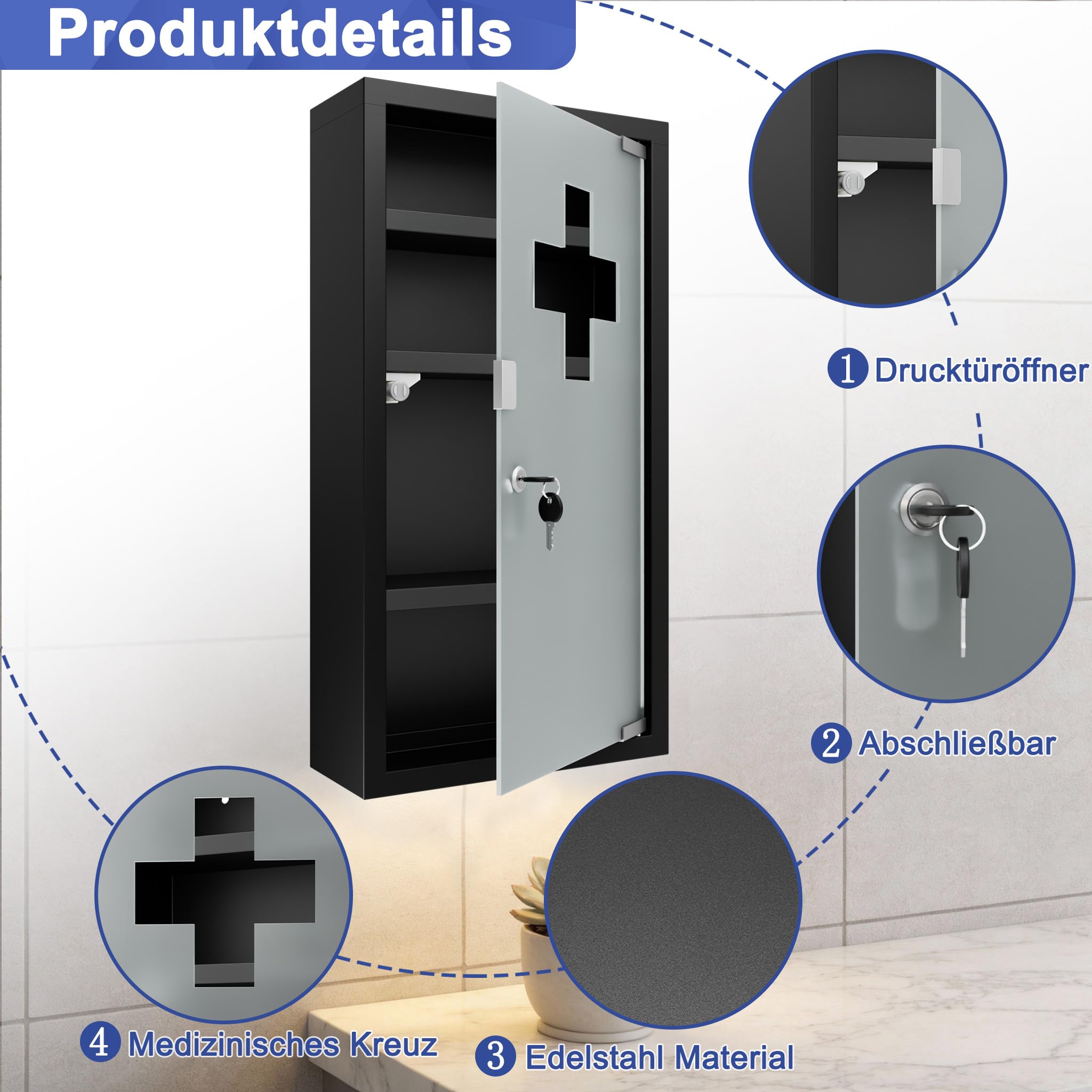 Froadp Armario medicinal de acero inoxidable con cerradura y puerta de cristal y cerradura, 30 x 12 x 57,5 cm, armario para medicamentos, botiquín de primeros auxilios (4 compartimentos), color negro