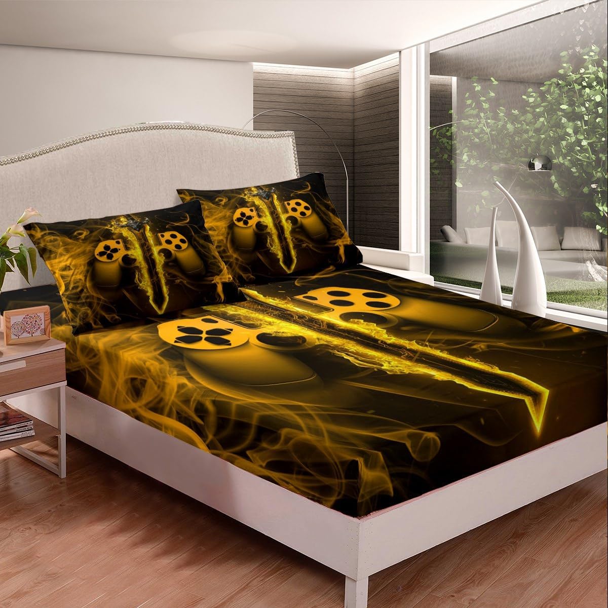 Gamepad Kids Fitted Sheet Queen Size,Video Games Gaming Gamepad Gamers Bedding Set,Boys Men Room Decor,Smoke Flame Modern Fashion Bed Cover,Yellow Bed Sheet,2 Pillowcases image 3