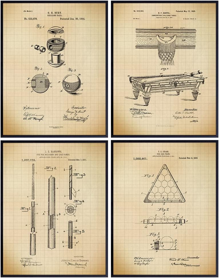 Billiards Patent Art Prints - Vintage Retro Wall Art Poster Set - Chic Modern Home Decor for Game Room, Man Cave, Bar, Den, Office - Great Gift for Men, Pool Players - Set of 4-8x10 Photo - Unframed
