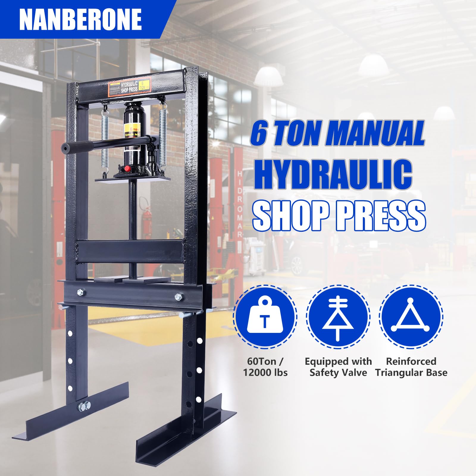 6 Ton Hydraulic Shop Press - Heavy Duty Hydraulic Press H-Frame Floor Mount Benchtop Hydraulic Shop Press with Press Plates Adjustable Working Table Height Shop Press for Car Repair and Garage, Black