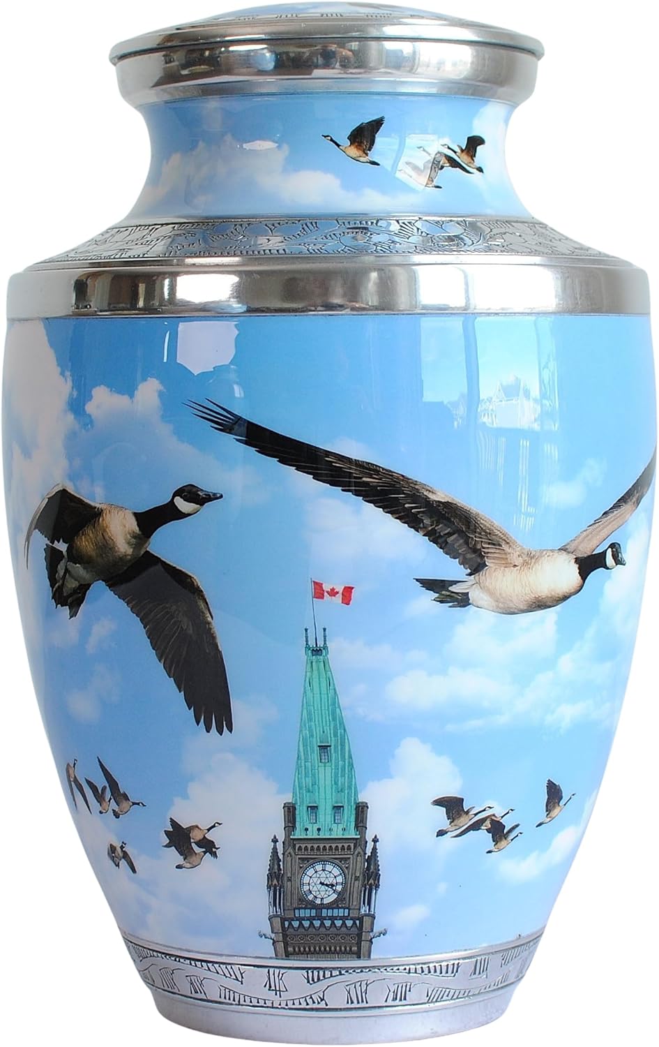 Canada Geese: Cremation Urn for Human Ashes | Handcrafted with Geese Pair in Cloudy Blue Sky | Flying Geese Memorial Urn | Adult 10.5" (Big with Flag)