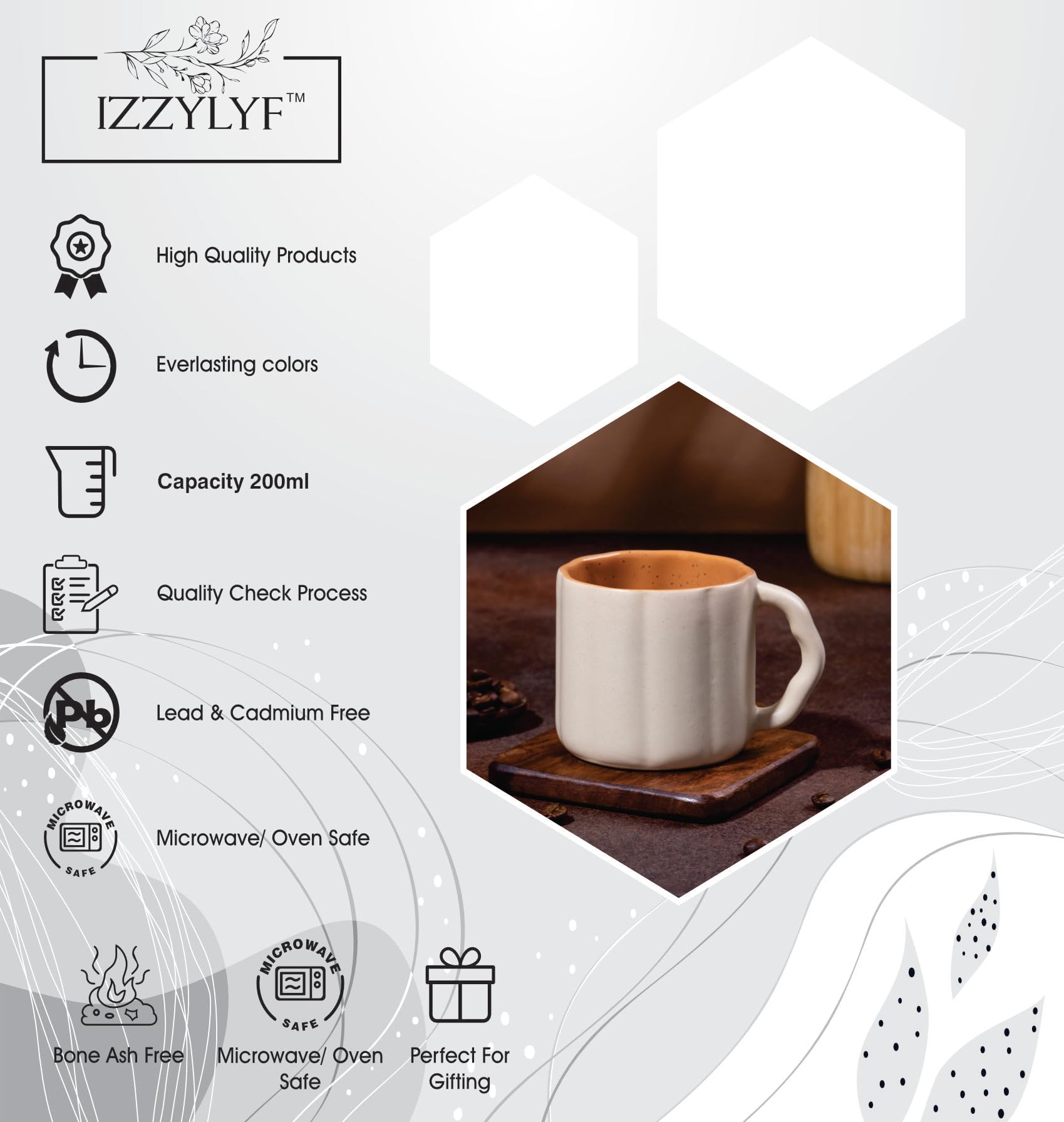 IZZYLYF 'MistyCurve Brown' Ceramic Tea Cups Set of 6 (200 ml Each) | Microwave & Dishwasher Safe Tea Cups with Handle for Tea, Coffee & Chai | Tea Cups for Gifting, Home, Cafe & Office Use 4