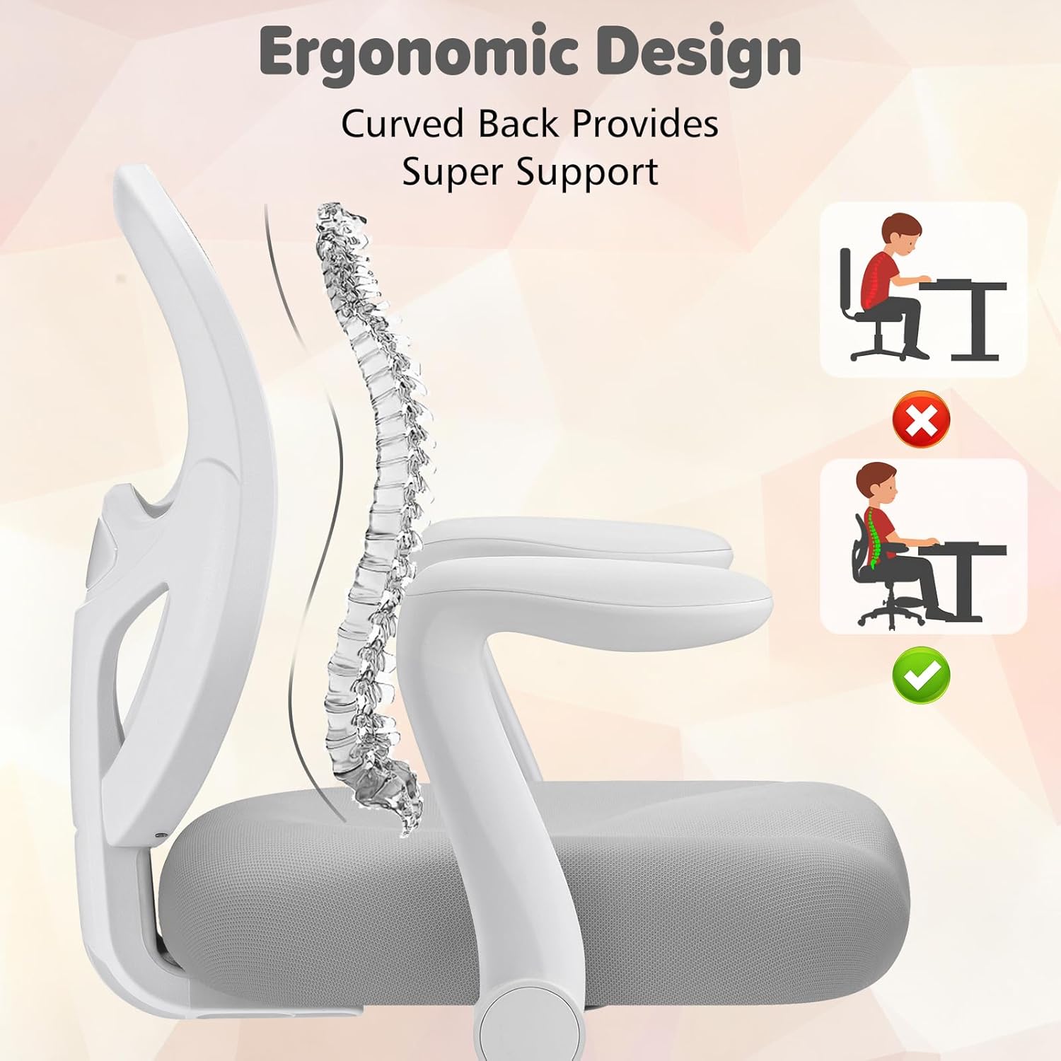 Kids Desk Chair Ergonomic Study Chair with Flipped Armrest and Footrest Swivel Mesh Desk Chair with Wheels Home Office Chair for Children in Home Bedroom Grey