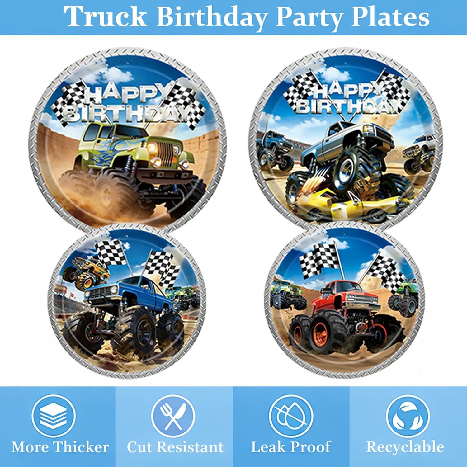 219pcs Truck Birthday Decorations, Monster Truck Party Decorations Set with Plates, Dessert Plates, Napkins, Cups, Forks, Knives, Balloons, Happy Birthday Banner, Tablecloth, and Stickers, Serves 24