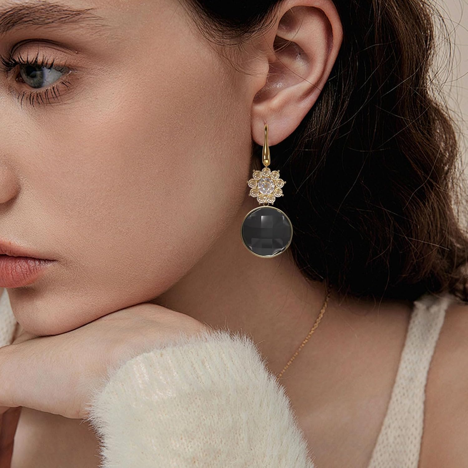 Round Obsidian Dangle Earrings for Women Trendy - Natural Stone Earrings, Sparkling Cubic Zirconia Flower Design, Homemade Dainty and Minimalist Drop Earring for Women Gifts - Image 3