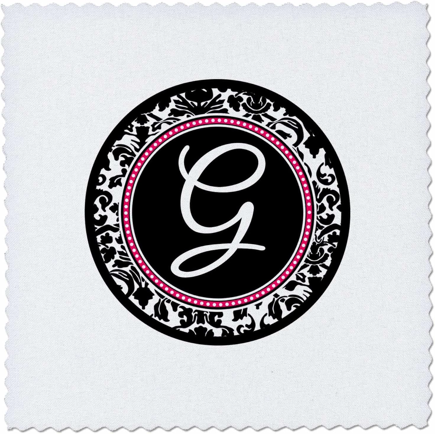 3dRose Letter G Stylish Monogrammed Circle - Girly Personal Initial Personalized Black Damask with hot Pink 25x25 inch Quilt Square
