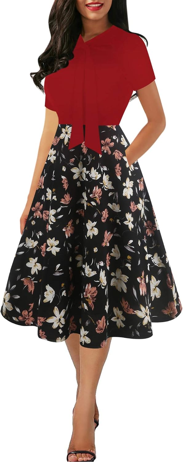 oxiuly Women's Vintage Bow Tie V-Neck Pockets Casual Work Party Cocktail Swing A-line Dresses OX278