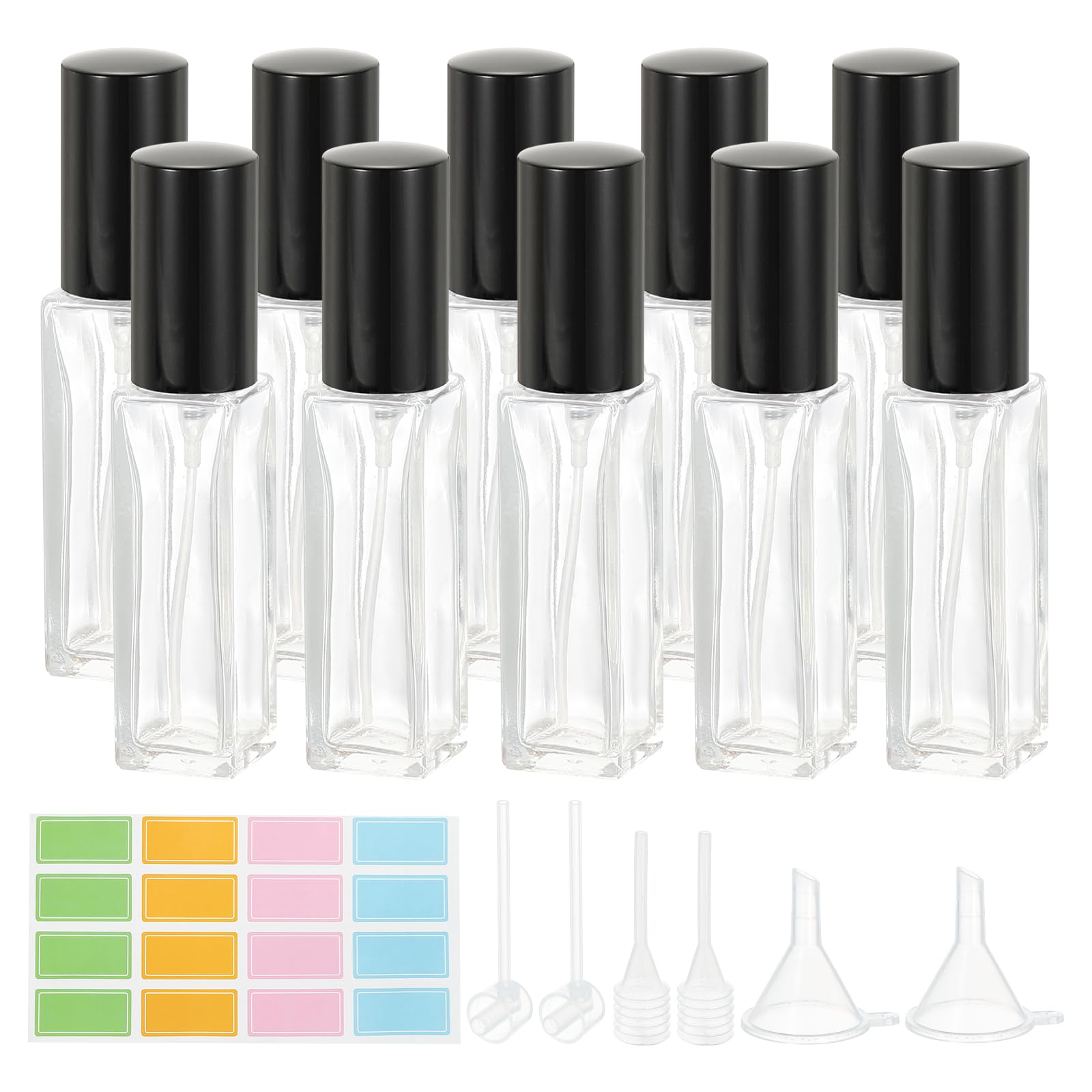 PATIKIL Botella de Perfume de Viaje, 10 Unidades de 10 ml, Dispensador de Perfume Pequeño Recargable de Fina Niebla con Etiquetas, Embudo, Pipeta, Transparente/Negro