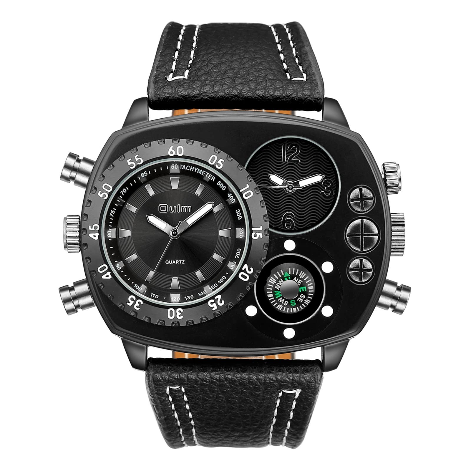 JewelryWe Orologio da Polso Grande Punky Militare Sport per Uomo, Bussola e Termometro Decorativo Dual Time Cinturino in Pelle Retro Vintage Gotico Quadrantini