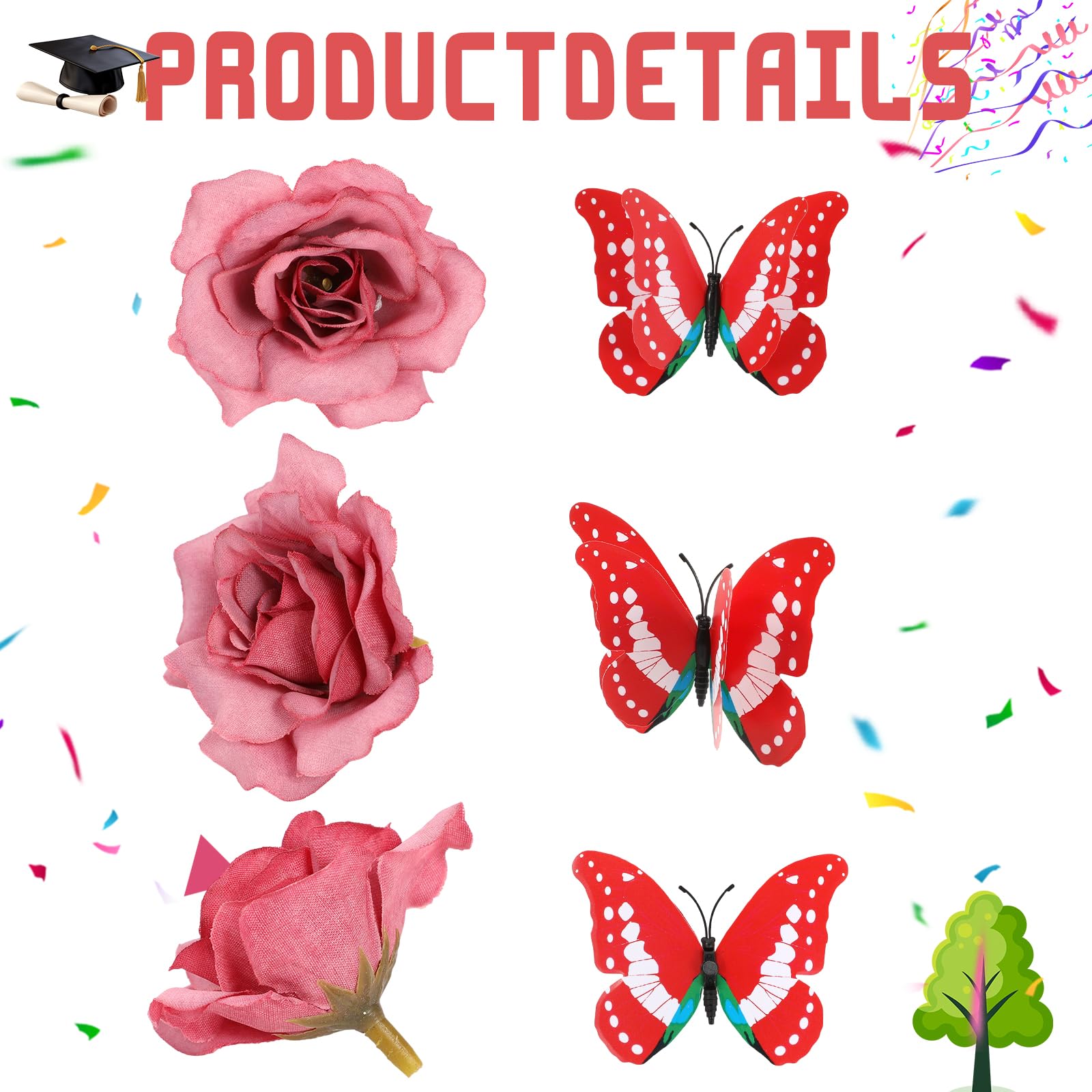 26 Pièces Fleurs Artificielles Et Papillons 3D - Têtes De Fleurs Rose Œillet Pour DIY Gâteaux, Bouquets, Couronnes Et Décorations