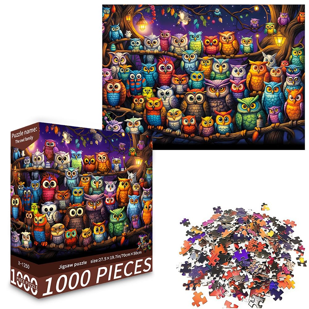 Jigsaw Puzzles for Adults 1000 Pieces, Animal Jigsaw Puzzles 1000 Pieces, Colorful Owl Family Puzzle, Nocturnal Woodland Art