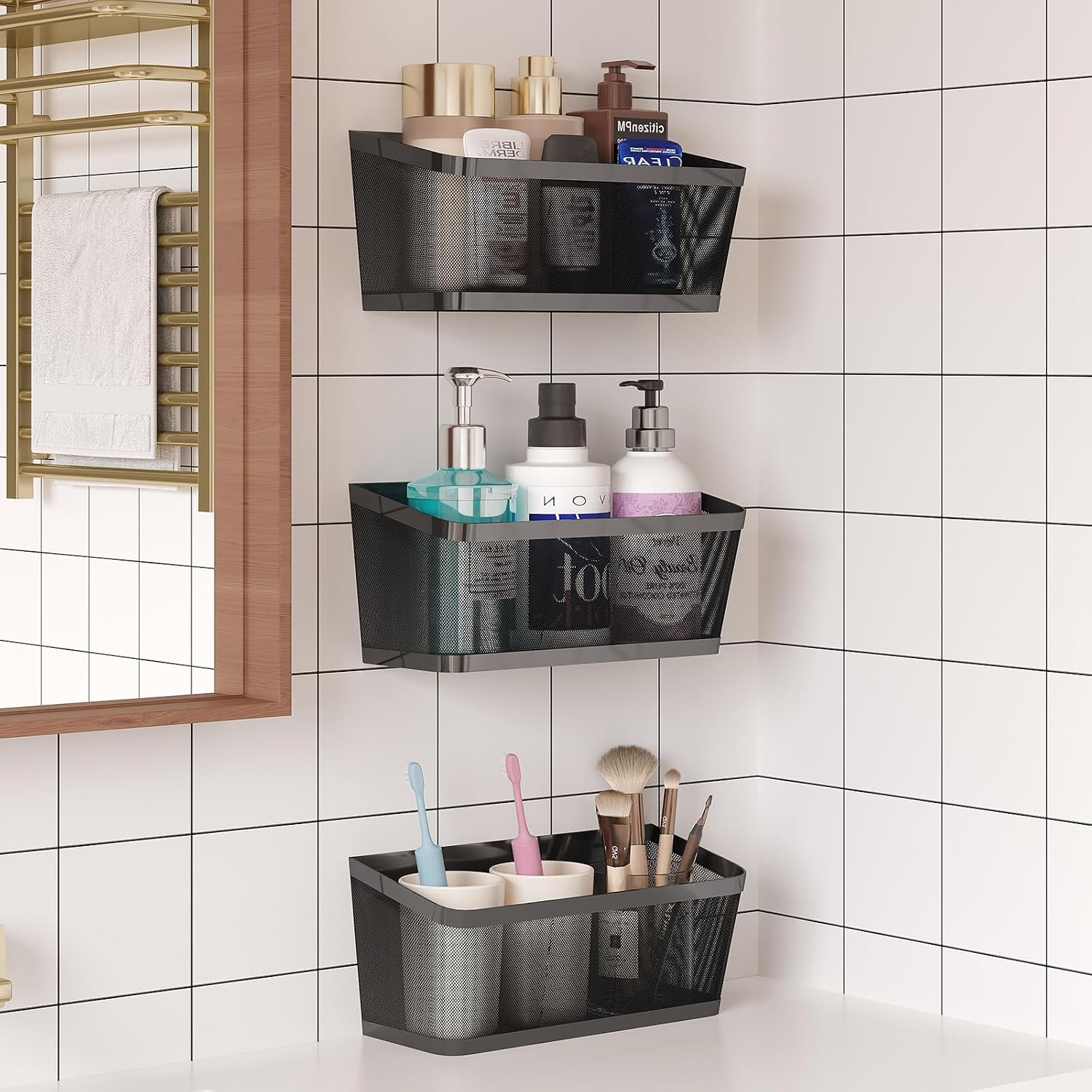 3 Pack Hanging Wall Storage Baskets, Heavy Duty Metal Wire Baskets with Adhesive Hooks & Screws, Space-Saving Organizer for Kitchen Pantry, Bathroom, Laundry, Closet, Coffee Bar