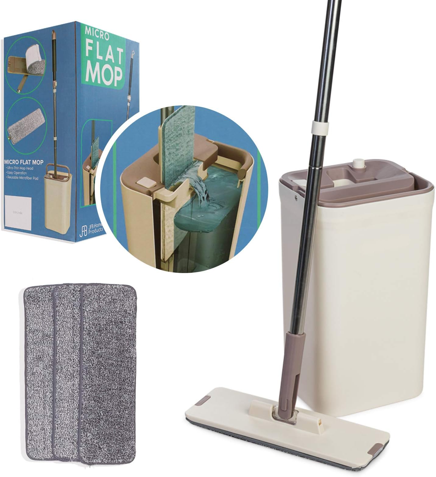 Micro Flat Mop & Bucket System, Hands-Free Wringing Floor Cleaning, 3 Washable & Reusable Microfiber Pads, Wet or Dry Usage on Wood, Marble, Tile, Laminate, Ceramic and Vinyl Floors