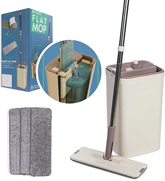 JFB Home Products Micro Flat Mop & Bucket System, Hands-Free Wringing Floor Cleaning, 3 Washable & Reusable Microfiber Pads, Wet or Dry Usage on Wood, Marble, Tile, Laminate, Ceramic and Vinyl Floors