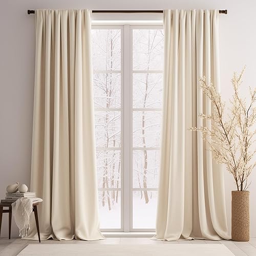 Lazzzy Cortinas de terciopelo beige con aislamiento térmico de 90 pulgadas de largo, oscurecimiento de la habitación, reducción de ruido, cortinas