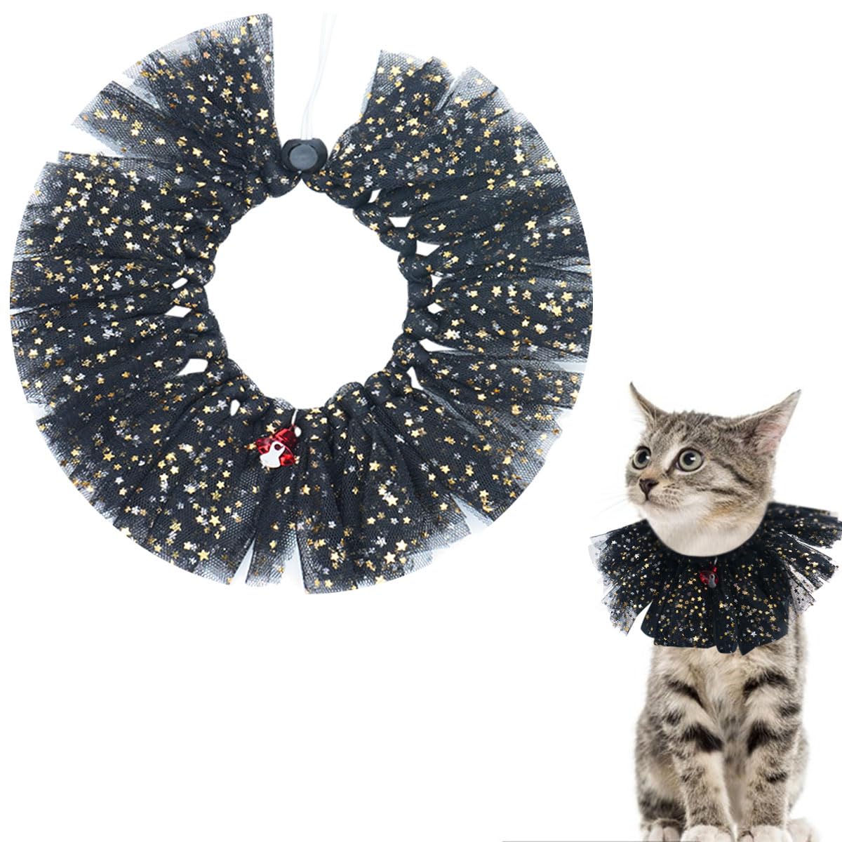 BIPY Black Dog Tutu Collar with Bell Neck Accessories for Small Dogs Cats Adjustable Necklace with Sequin Party Holiday Drawstring Pets Costume