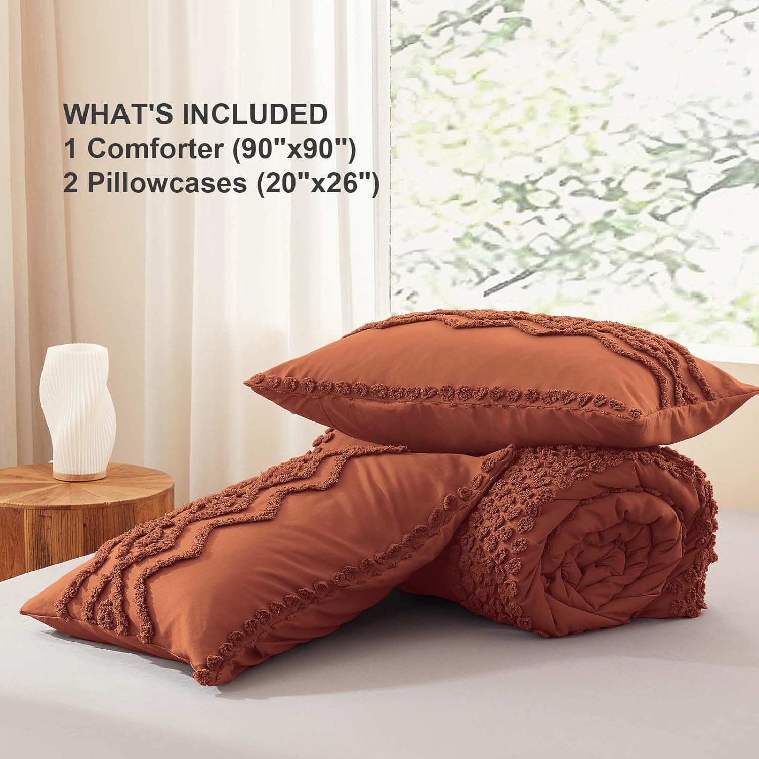 Luxudecor Terracotta Boho Tufted Comforter Set Queen Size 3 Pieces Boho Shabby Chic Comforter Farmhouse Embroidery Bedding Set Soft Comforter for All Seasons (Terracotta, 90''x90'')