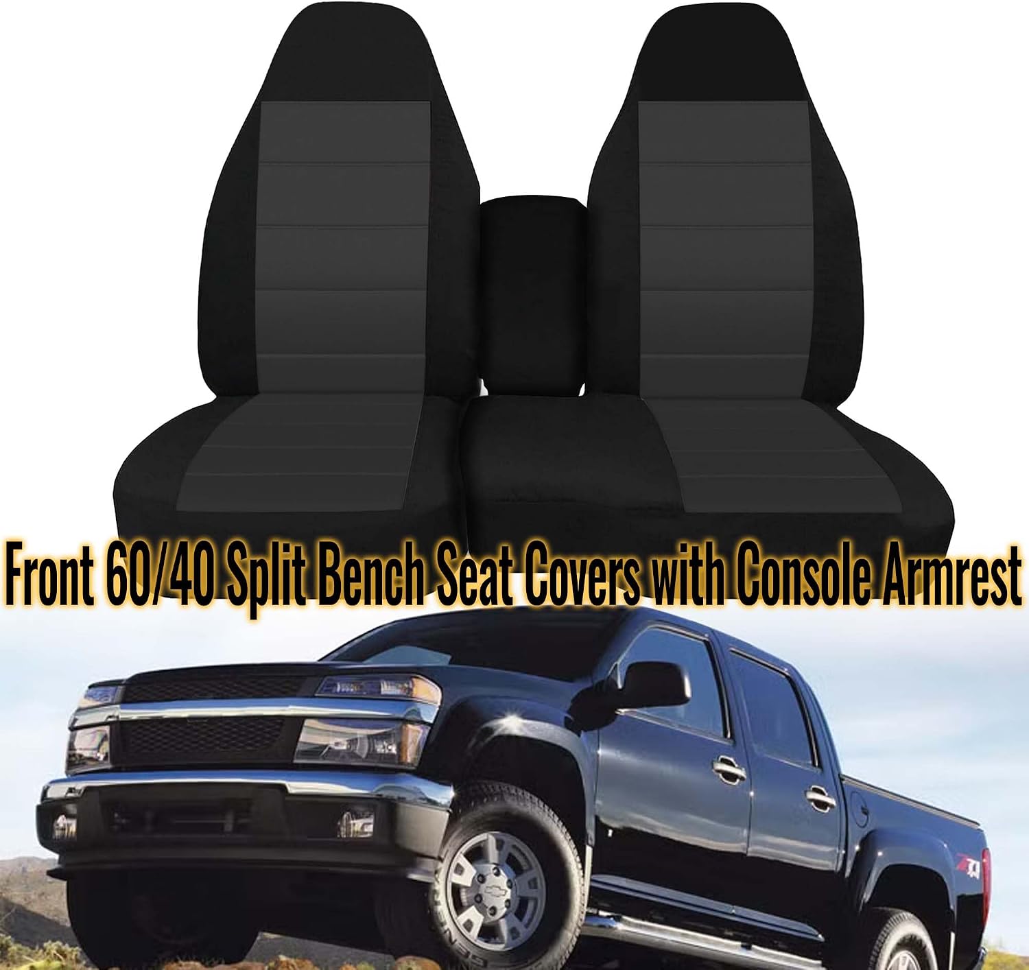 Front 60/40 Split Bench Seat Covers with Console Armrest Truck Seat Cover, Compatible with Chevy Colorado GMC Canyon 2004 2005 2006 2007 2008 2009 2010 2011 2012-Black