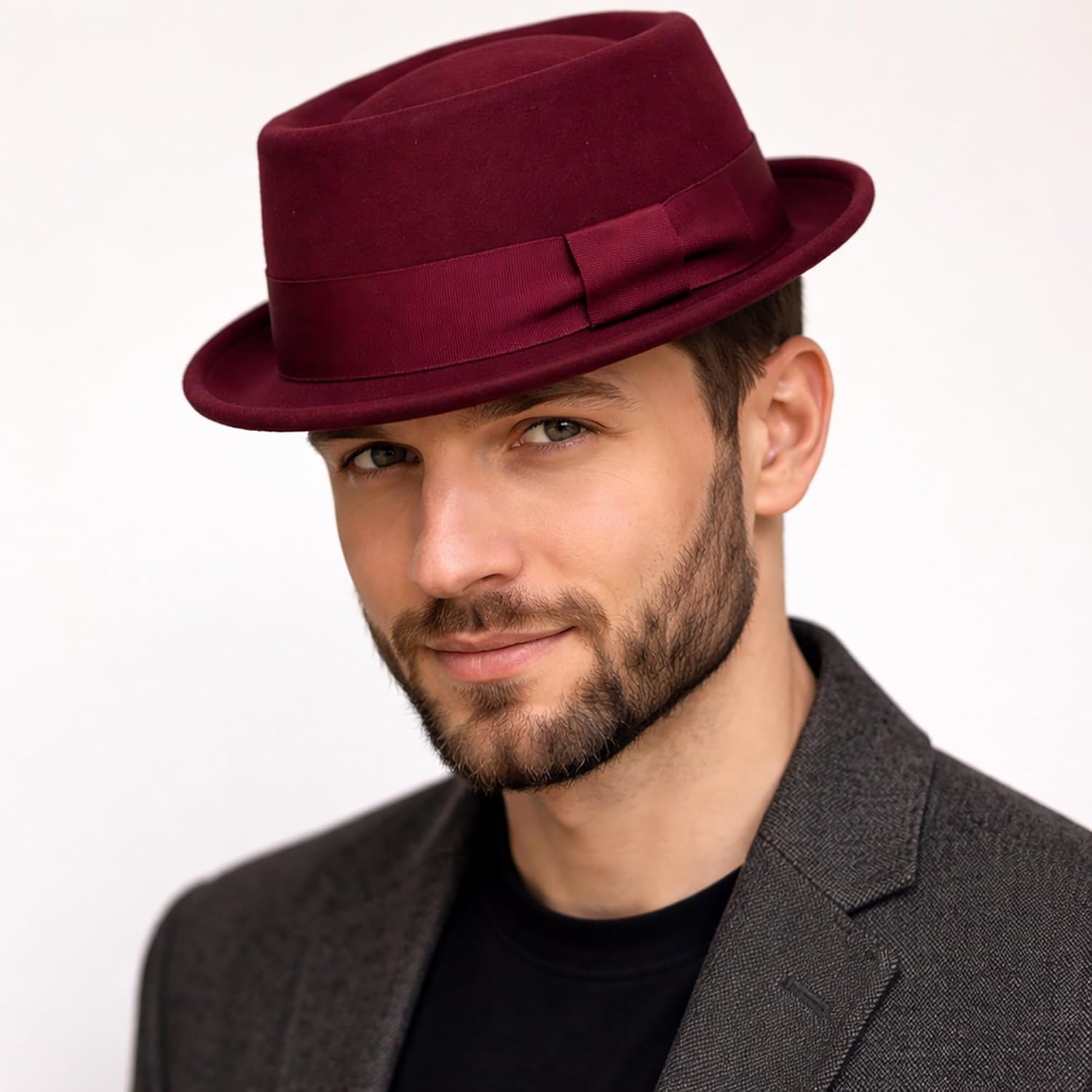 SHAHIN Pork Pie Hat for Men and Women, 100% Crushable Wool Felt Fedora, Boater Style with Flat Top