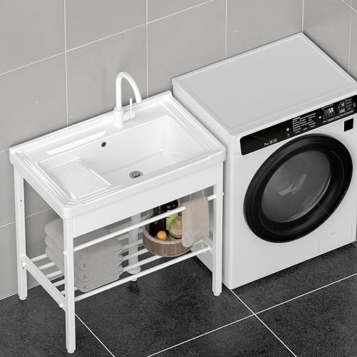 Miniatura 5 de Fregadero de lavandería independiente, fregadero de cerámica con tabla de lavar y grifo, bañera de lavandería para lavandería, garaje, sótano,