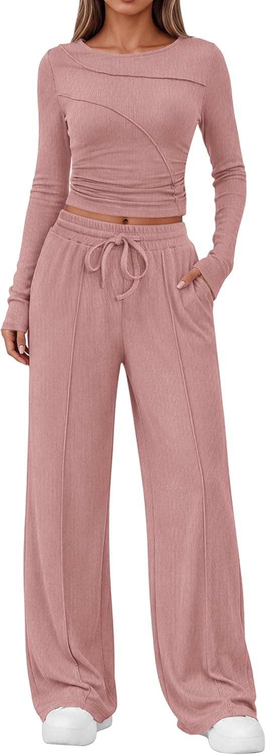 Lazysmile Lounge Sets For Women 2 Piece Sets Fall Outfits Long Sleeve Tops with Wide Legs Pants Casual Matching Set