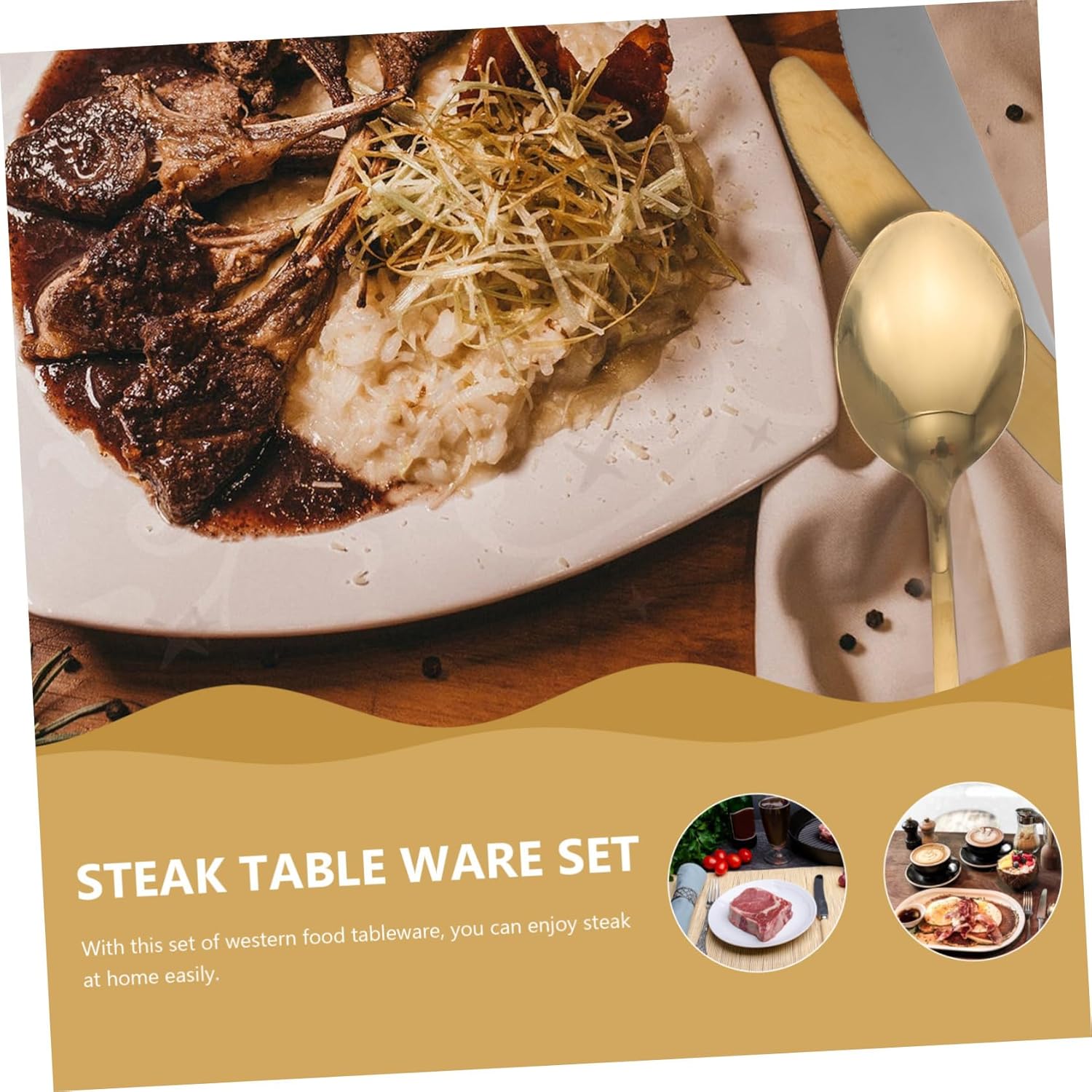 Metal Flatware Gold Stainless Steel Cutlery Kit with Steak Knives Forks Spoons for Home Kitchen Dining and Party Use