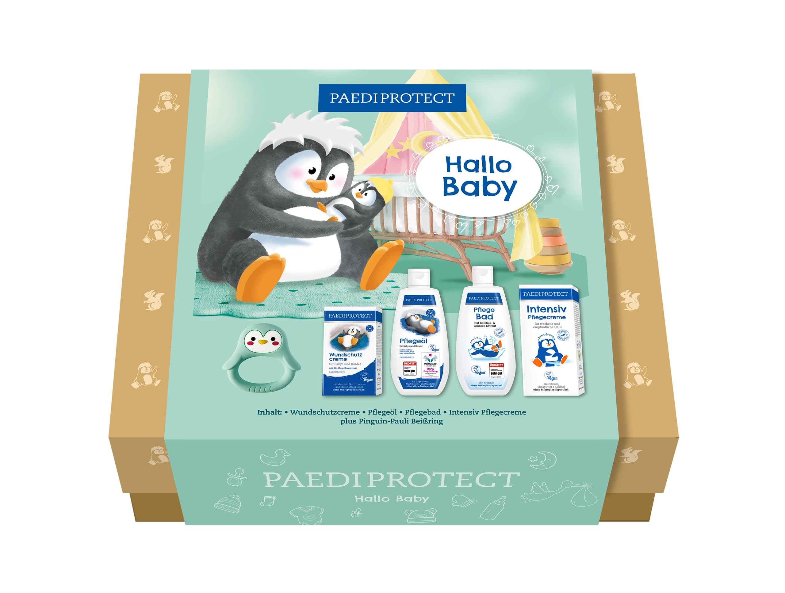 PAEDIPROTECT Hello Baby Set, set de cuidado para recién nacidos y niños, 5 piezas de equipamiento inicial para el nacimiento, desde aceite nutritivo para bebés hasta aditivos de baño suaves, sin