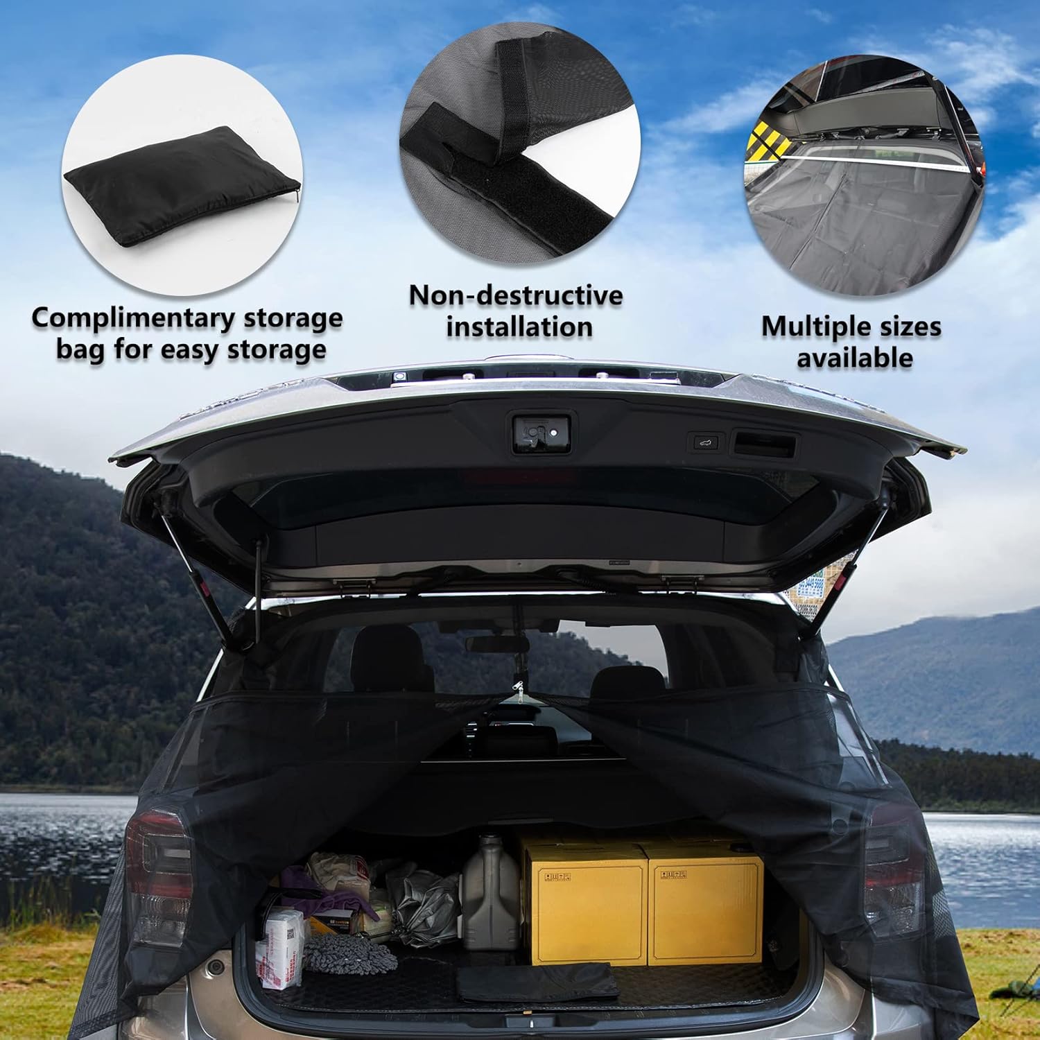 PSLER Windshield Sunshade Screen, Car Tailgate Mosquito Net Rear Magnetic Mount Car Sunshade Anti-Flying Net Cargo Nets Trunk Ventilation Mesh for Most Models MPV SUV for Camping (Size XL)