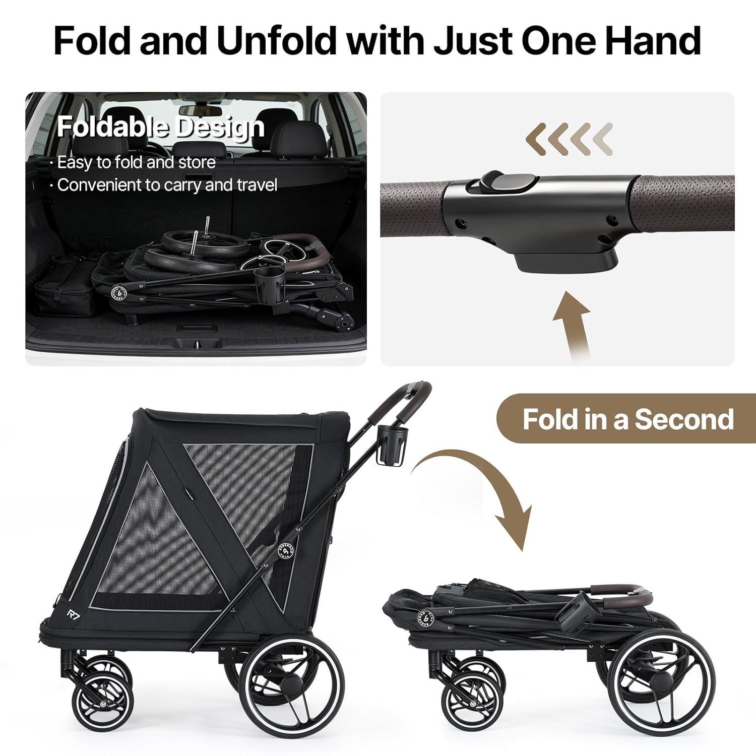 Beberoad Dog Stroller for Large Dogs, 2-in-1 Pet Stroller Dog Bicycle Trailer, R7 All-Terrain ER Tires with Shock Absorption, One-Second Fold, Mesh Windows, Detachable & Washable Waterproof Fiber