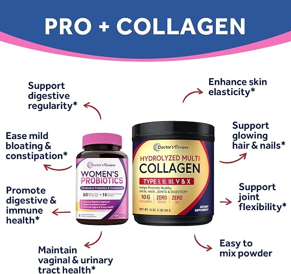 Doctor's Recipes Multi Collagen Peptides Powder 16oz and Womens Probiotic 120 Caps