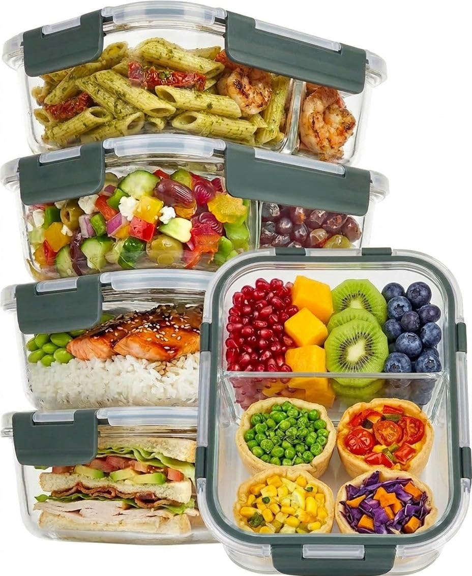 uandu Meal Prep Boxen Glas mit 2 Fächern – Glasbehälter mit Deckel 5-teilig – Frischhaltedosen Glas 950 ml BPA-frei – Mikrowellen- & Gefrierschrankgeeignet