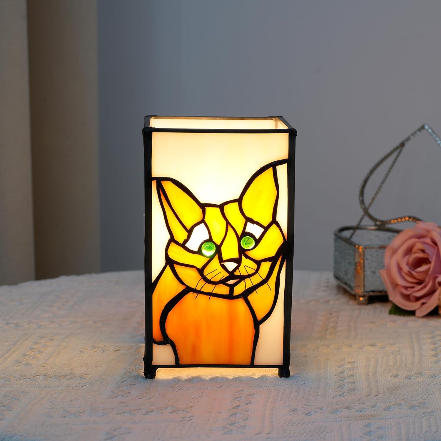 Tiffany Lamp Stained Glass lamp Small Bedside Table Lamps for Living Room Home Decor,Girls Women Birthday Christmas Thanksgiving Day Gift,Cat