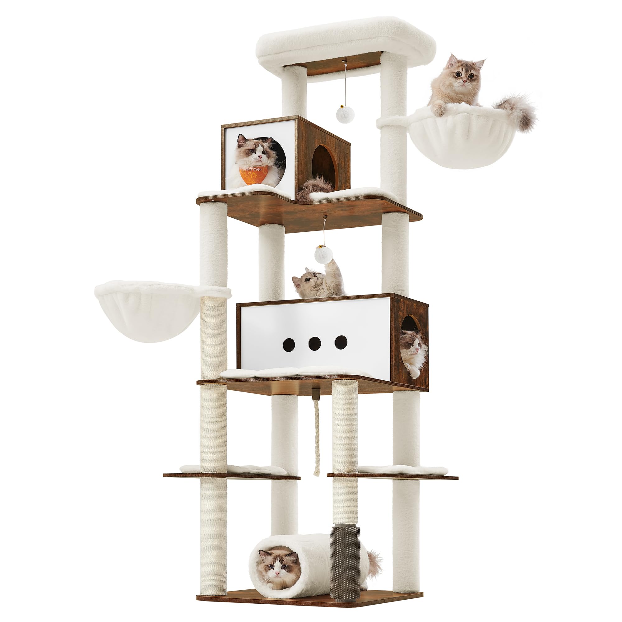 Feandrea Cat Tree, 75.6-Inch Modern Cat Tower, Tall Multi-Level Condo with 2 Caves, 2 Hammocks, 4 Scratching Posts, Self-Groomer, Tunnel, Perch, Rustic Brown UPCT193X01