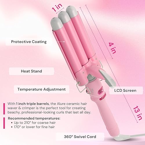 Miniatura 6 de Alure - Varita de rizador de tres barriles con pantalla LCD de temperatura, barril triple de turmalina de cerámica de 1 pulgada, herramienta de