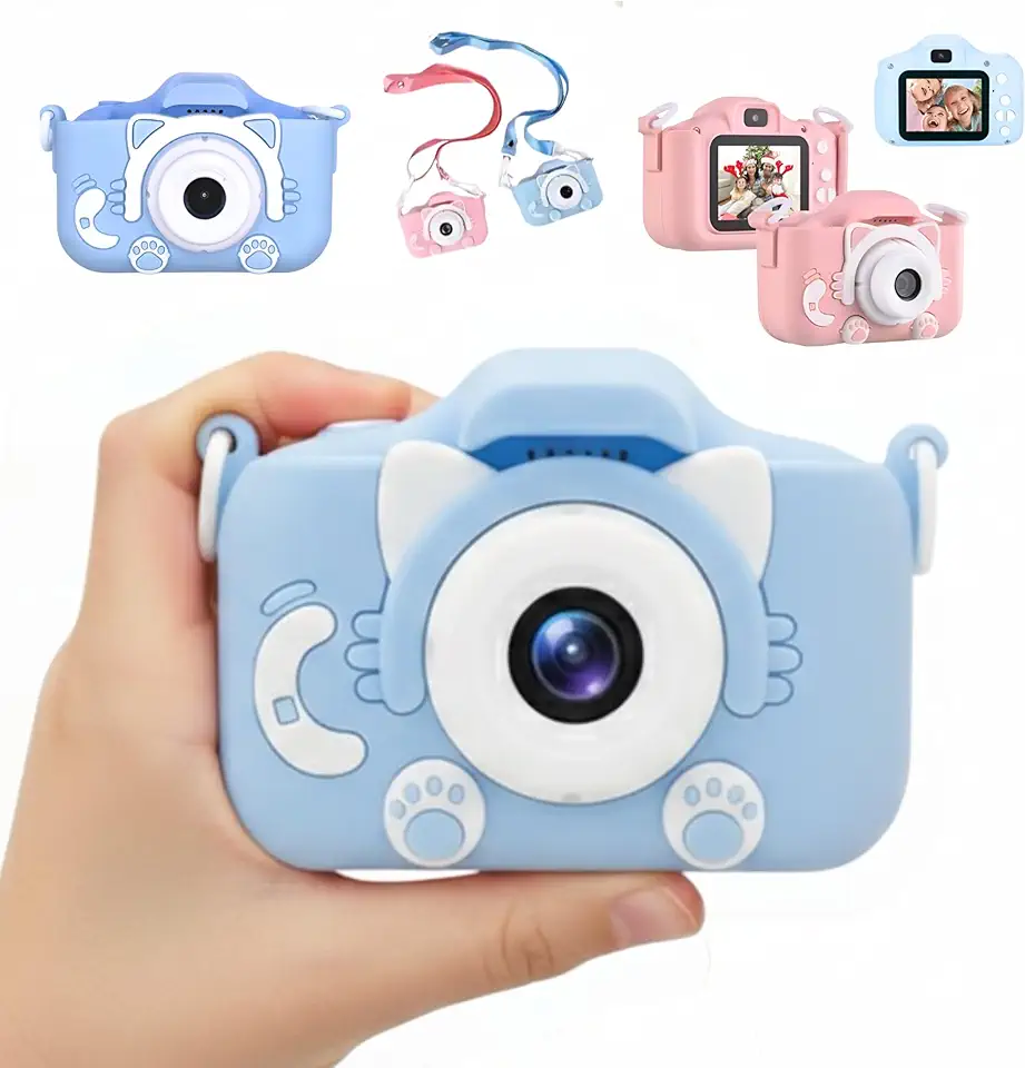Câmera Digital Infantil HD Portátil Gatinho – Máquina Fotográfica para Crianças com Tela 2″, Jogos, 13 MP, Zoom 4× e Bateria Recarregável USB (Azul)