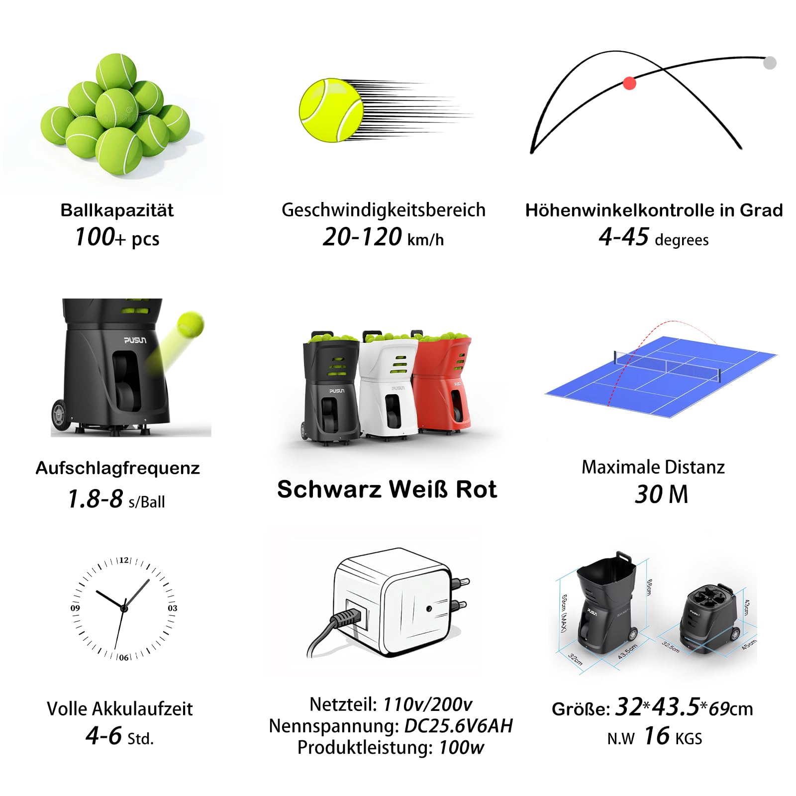 PUSUN PT-SMART Tennisballmaschine - Profi Ballwerfer mit APP-Steuerung (App für Apple Watch), 20 Landepunkte & 12 Modi, Smart Tennis Trainer für alle Spielniveaus (4-6 Std. Laufzeit)