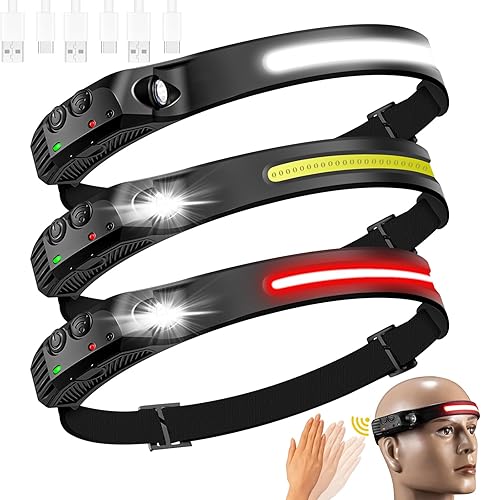 Linterna frontal LED recargable, faros delanteros COB230 de haz ancho con 3 bandas de lámpara, 10 modos de faros ligeros con sensores de movimiento,