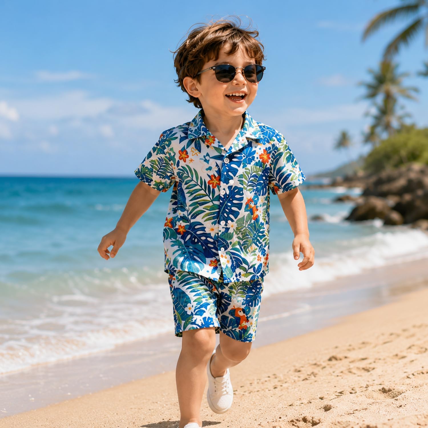 IMEKIS Boys Hawaiian Outfit Short Sleeve Button Up Shirts+Shorts Set Summer Beach Kids Vacation Outfits 2-7Y