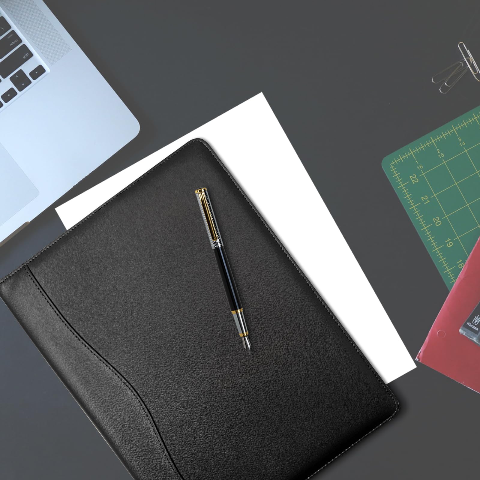 Padfolio segregator skórzany, teczka z pokrowcem, A4, czarna teczka z kieszeniami, do szkoły, biura, na spotkanie, dla mężczyzn i kobiet, teczka biznesowa