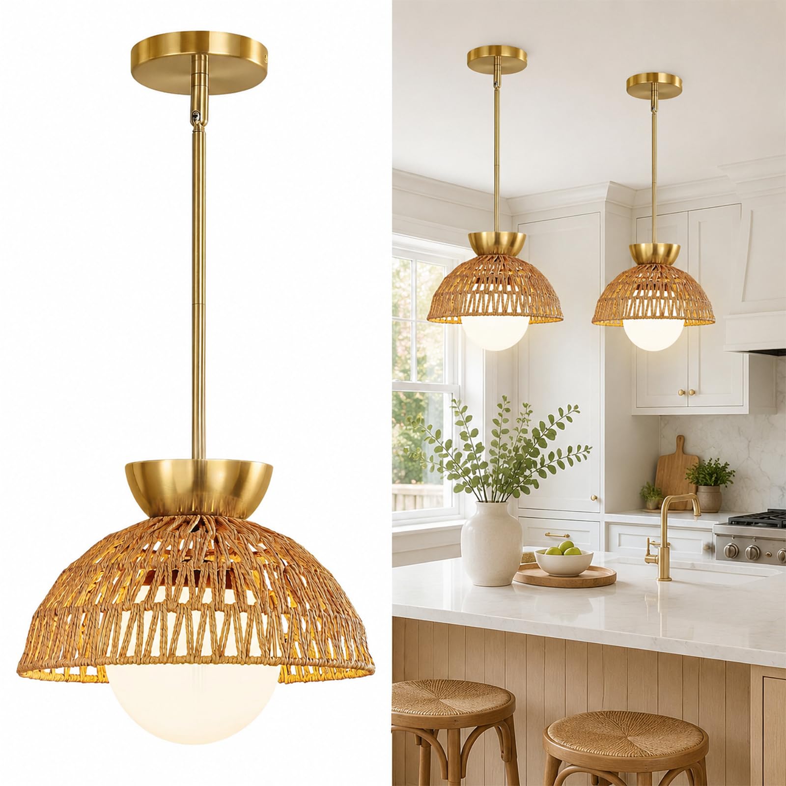 Photo 1 of AIJIASI Rattan Pendant Light, 11.8" Hand Woven Boho Pendant Light Fixture with Milk Glass Globe, Gold Kitchen Pendant Lighting Over Island Adjustable Chandelier for Dining Room Hallway Foyer