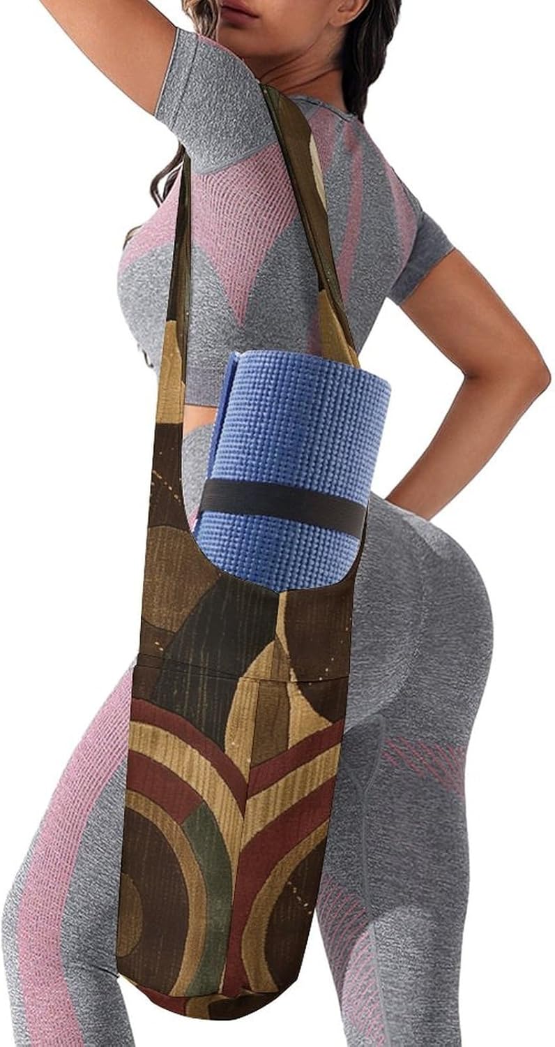 Canvas Yoga Bag,Brown And Tan Printed Yoga Mat Handbag,Portable Yoga Mat Bag Large Capacity Gym Bag for Men Women Pilates Beach Travel