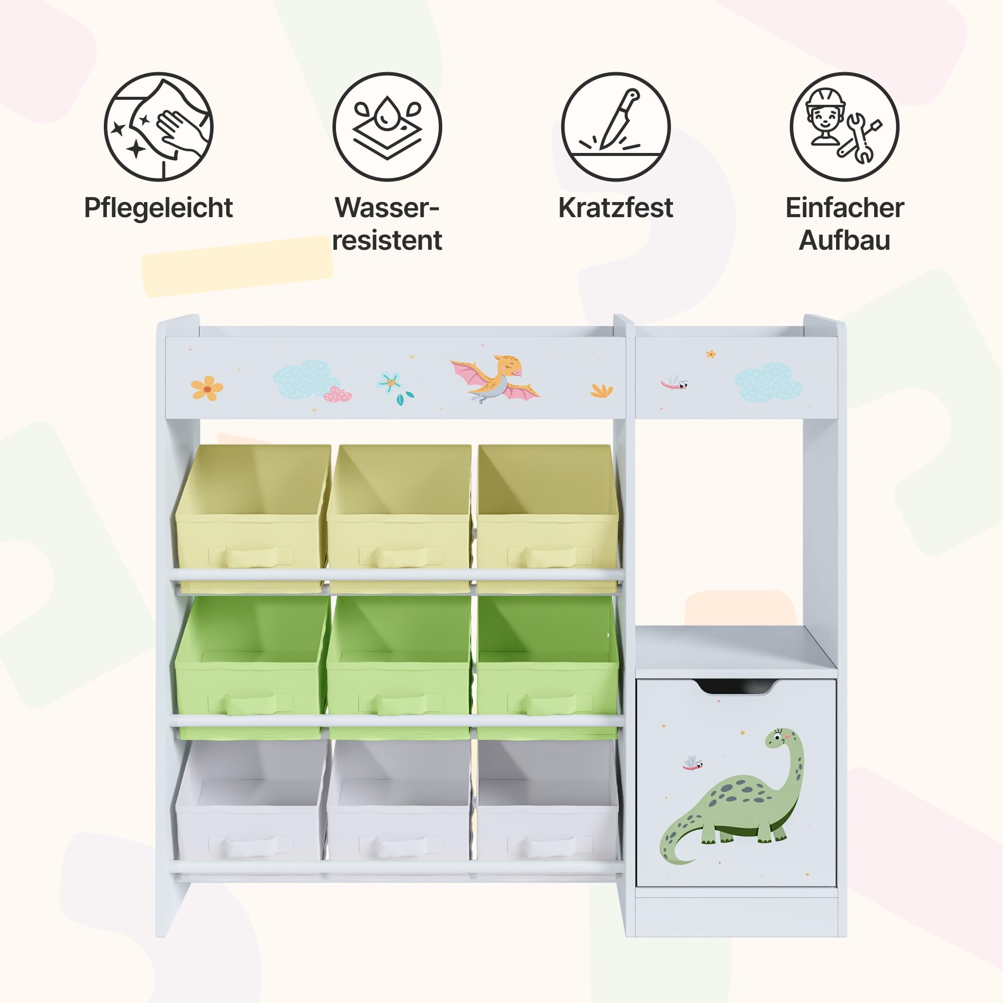 [en.casa] Kinderregal Søndreland Bücherregal für Kinder mit 9 Aufbewahrungsboxen Spielzeugregal mit Schrank 80 x 90 x 30 cm Spielzeug Aufbewahrung Dinosaurier Motiv