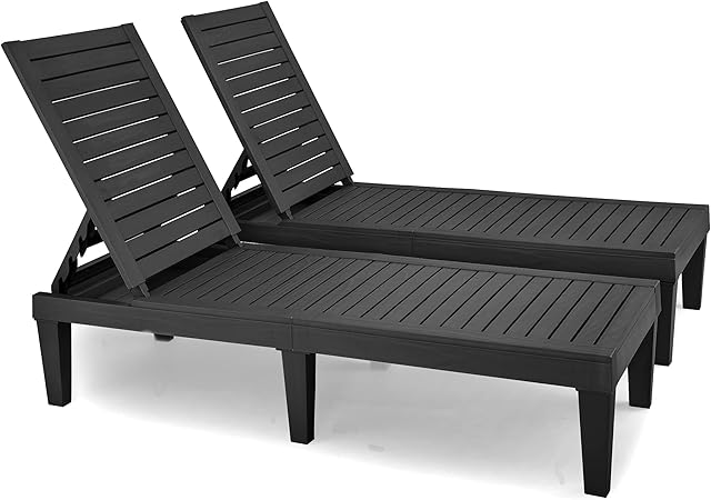 YITAHOME Resin Recliner Sun lounger, Durable Outdoor Sun Bed Chair with Adjustable Backrest, Waterproof & Weather Resistant for Garden/Patio/Beach/Poolside with 200KG Capacity, Set of 2 (Black)