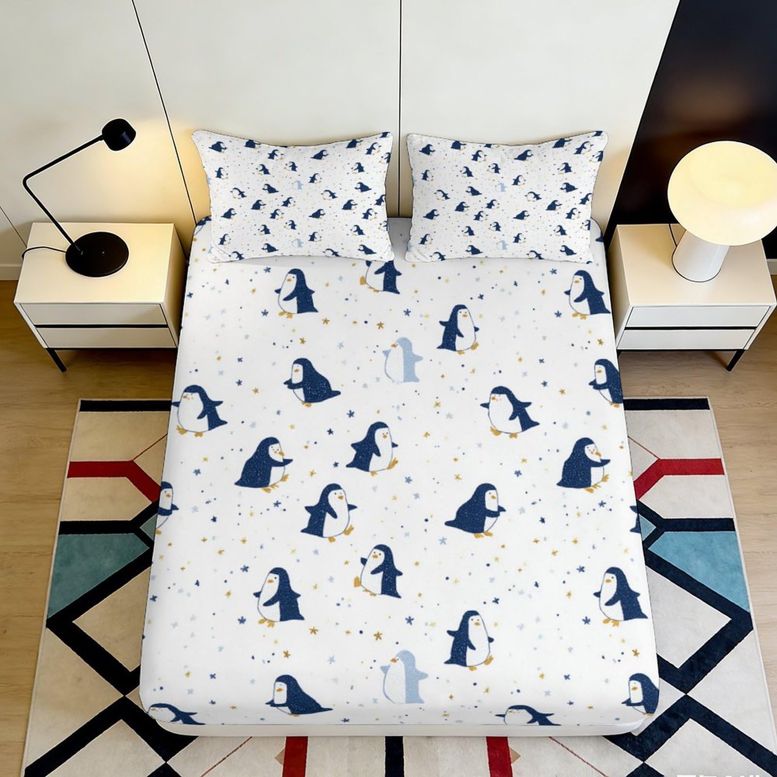 Pnayamiorkfel Style-3 3D Printed Penguin Star Fitted Sheet Microfiber Soft Decorative Animal Bed Sheet For Bedroom Guest Room Dorm Protection 90X200x25cm