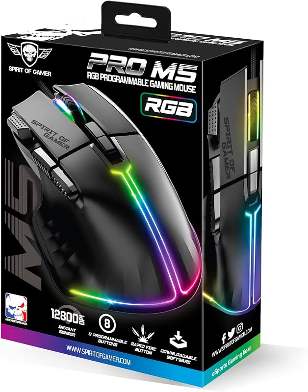 SPIRIT OF GAMER PRO M5 RGB Gamer Egér 12800 DPI, 8 Programozható Gomb, Gyorstüzelés Funkcióval, 13 RGB Háttérvilágítási Effekt, Ergonomikus